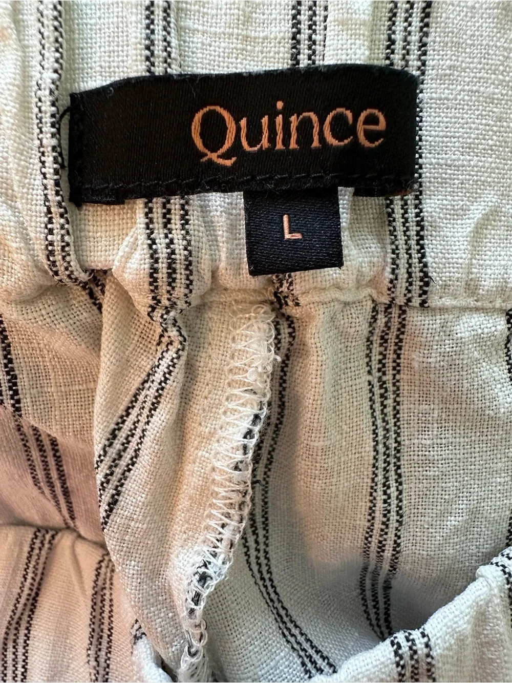Quince 100% European Linen Tapered Ankle Pant Oatmeal Black Stripe Size L
